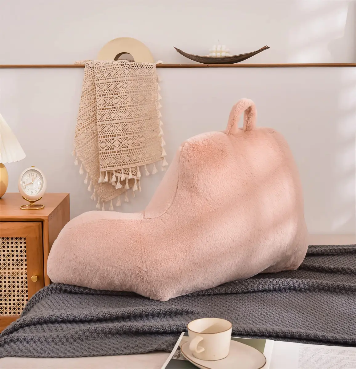 Aimuan Bed Rest Pillow with Arms | Cozy Rabbit Fur Back Support for Sitting & Sleeping in Bed (Standard, Blush) - view 2