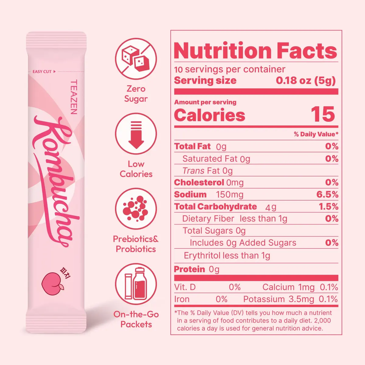 TEAZEN Peach Kombucha Powder 1.76oz | Hydration & Probiotics, Sugar-Free, Live Cultures, On-the-Go Pack - view 5