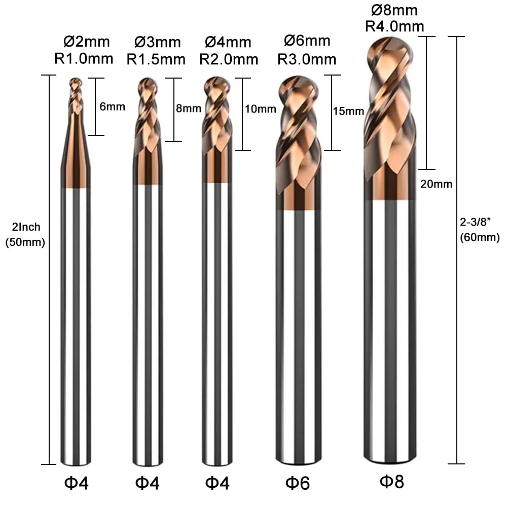 ASNOMY 1-4mm Ball Nose Carbide End Mill Set 5 Pcs | Solid Carbide HRC55 AlTiN Coated CNC Cutter Router Bits for Steel - view 7