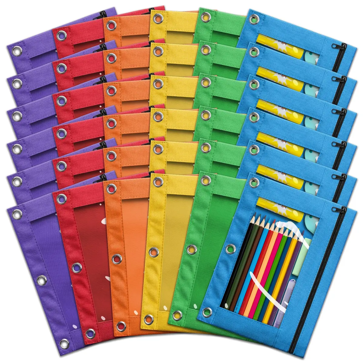 V-Opitos Pencil Pouch for 3 Ring Binder | Bulk 36 Pack Assorted Colors, Durable Oxford & Clear Window (9.8 in x 7.3 in) - main product image
