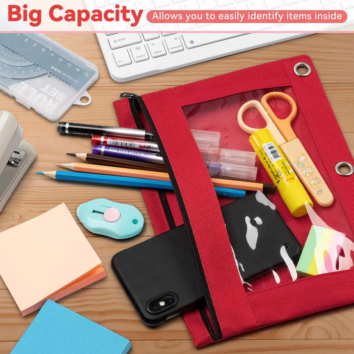 V-Opitos Pencil Pouch for 3 Ring Binder | Bulk 36 Pack Assorted Colors, Durable Oxford & Clear Window (9.8 in x 7.3 in) - view 3