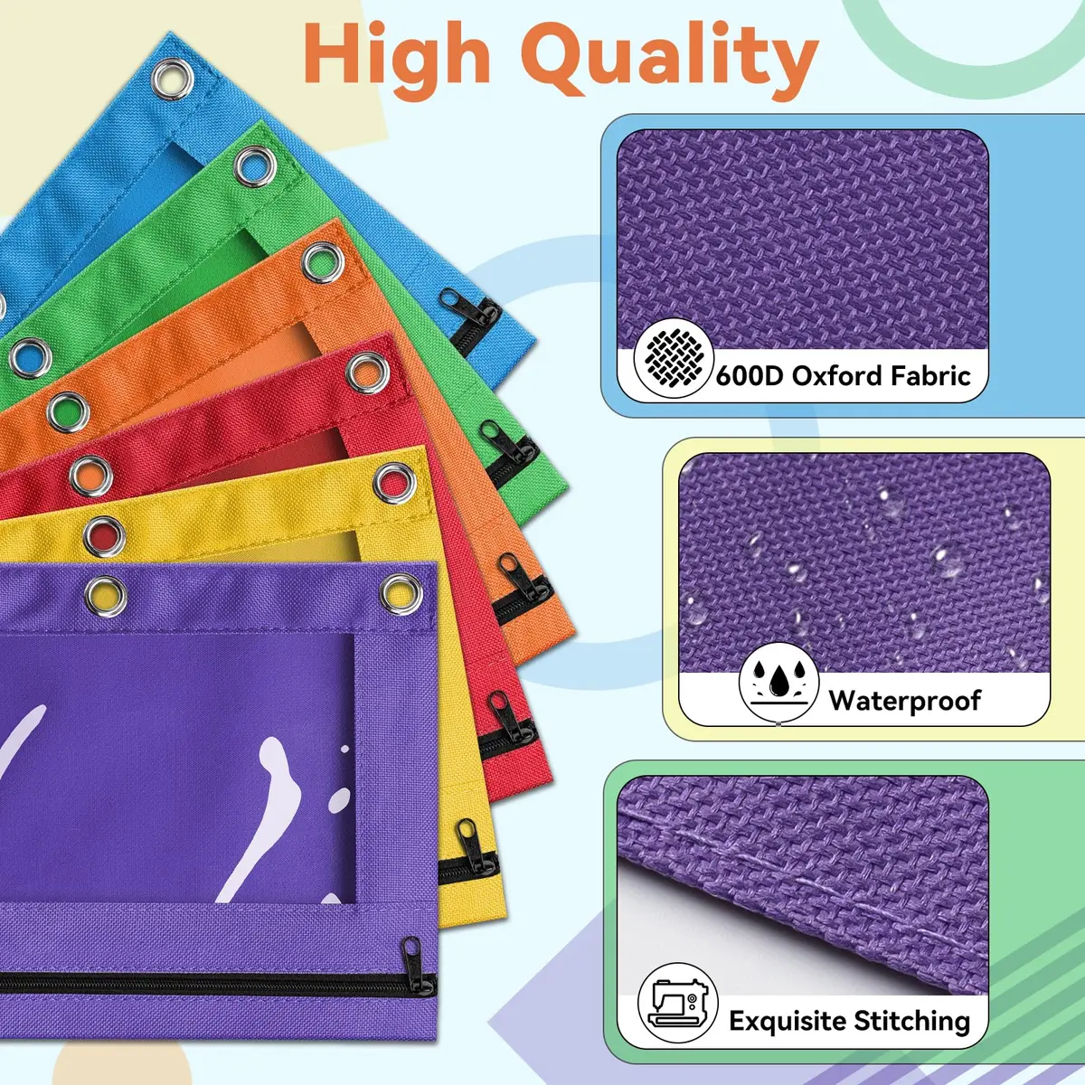 V-Opitos Pencil Pouch for 3 Ring Binder | Bulk 36 Pack Assorted Colors, Durable Oxford & Clear Window (9.8 in x 7.3 in) - view 4