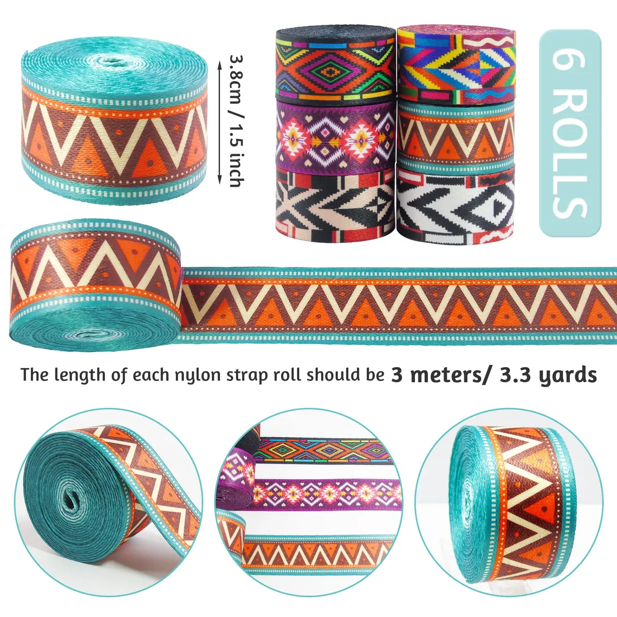 Grosun 6 Rolls 1.5 inch Nylon Webbing Belt Webbing Straps Purse Straps Backpack Straps Nylon Belt Patterns | 3.8cm x 3m | Durable & Stylish - view 2
