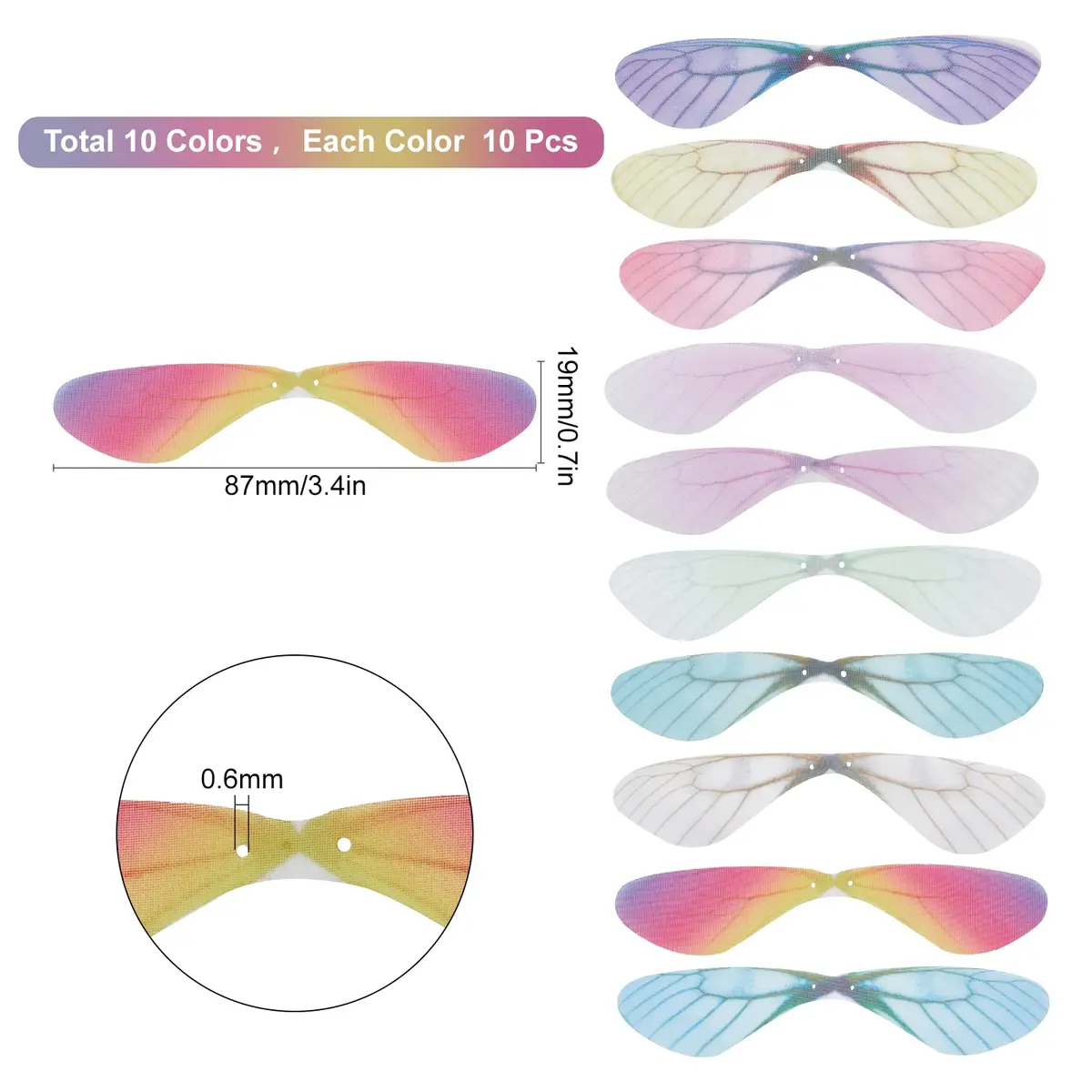 SUNNYCLUE Dragonfly Wings Charms 100Pcs 87x19mm | 10 Colors Fabric Wings for DIY Jewelry Making - view 2