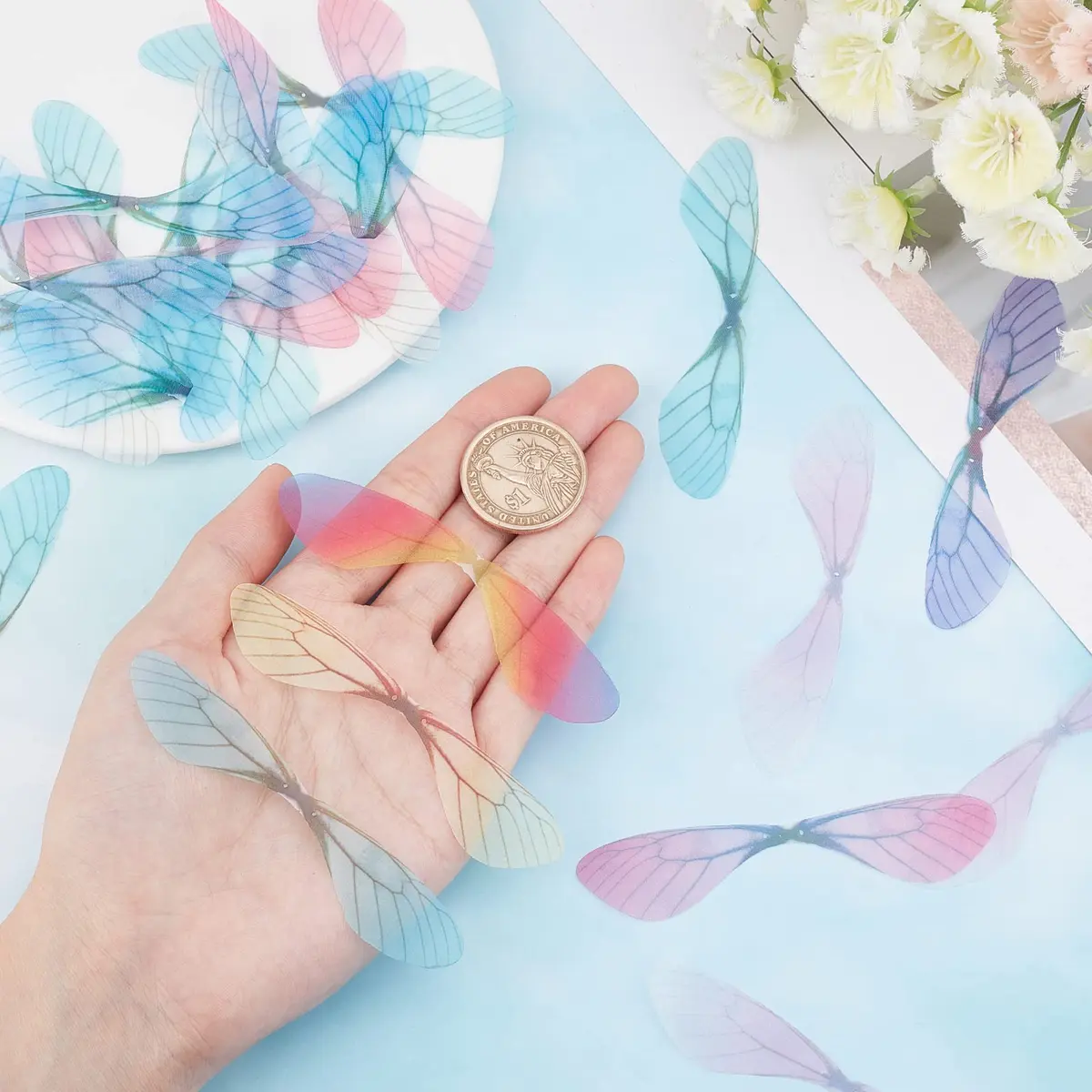 SUNNYCLUE Dragonfly Wings Charms 100Pcs 87x19mm | 10 Colors Fabric Wings for DIY Jewelry Making - view 3