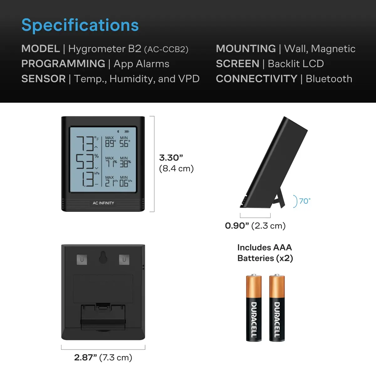 AC Infinity Smart Hygrometer B2 with Bluetooth App | Temperature, Humidity & VPD Monitor (Black) - view 6