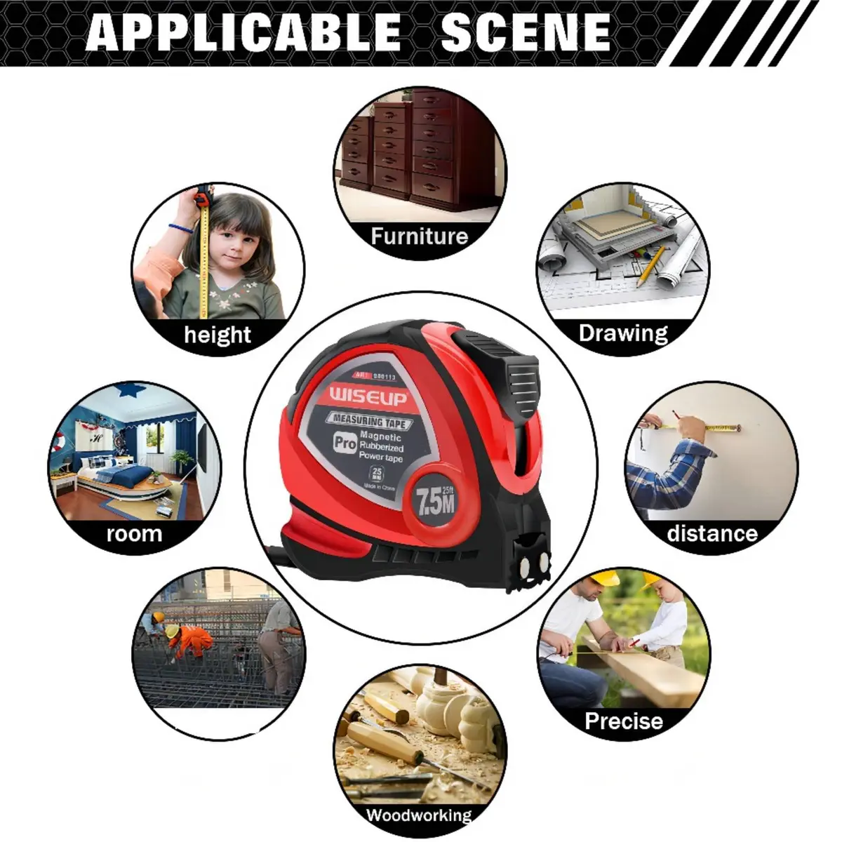 WISEUP Industrial Magnetic Tape Measure 25 FT (7.62 m) with Fractions & Metric Scale | Level 1 Precision for DIY & Professionals - view 7