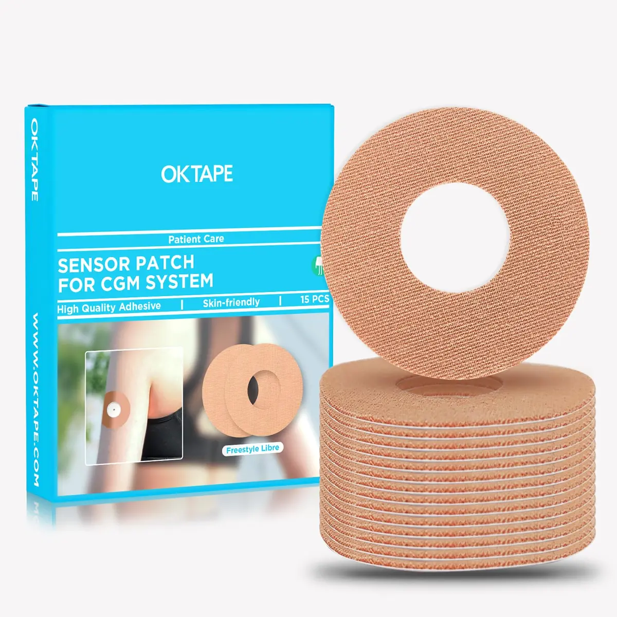 OK TAPE Freestyle Libre Adhesive Patches 15 PCS Beige | Waterproof & Sweatproof CGM Sensor Protection - main product image