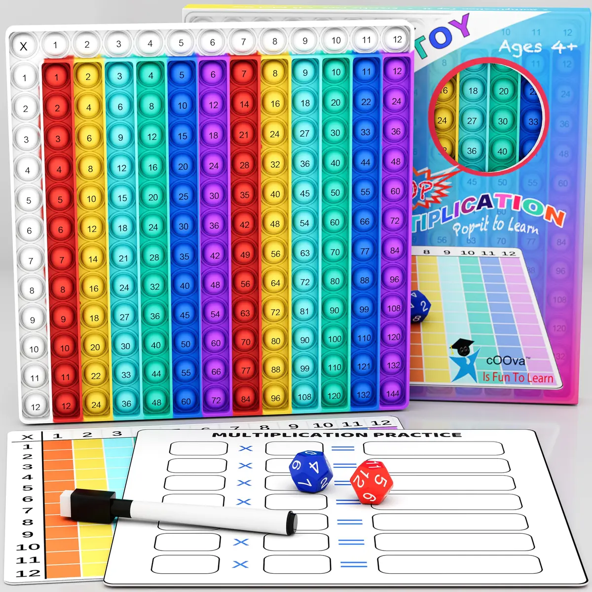 COOVA Multiplication Chart Pop It - Interactive Math Fidget Toy, 9.25 x 9.25 inches, Multi-color for Kids Learning - main product image