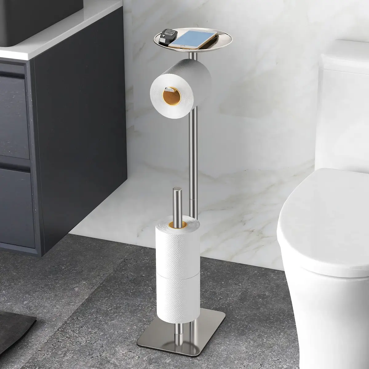 FEILERN Toilet Paper Holder Stand for Bathroom Floor 4 Rolls Storage Shelf (Brush Nickel) - main product image