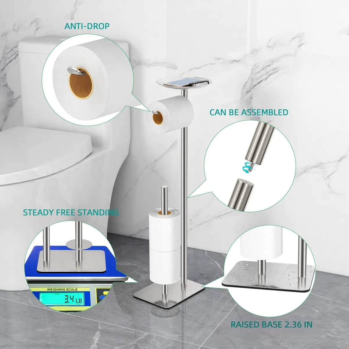 FEILERN Toilet Paper Holder Stand for Bathroom Floor 4 Rolls Storage Shelf (Brush Nickel) - view 3