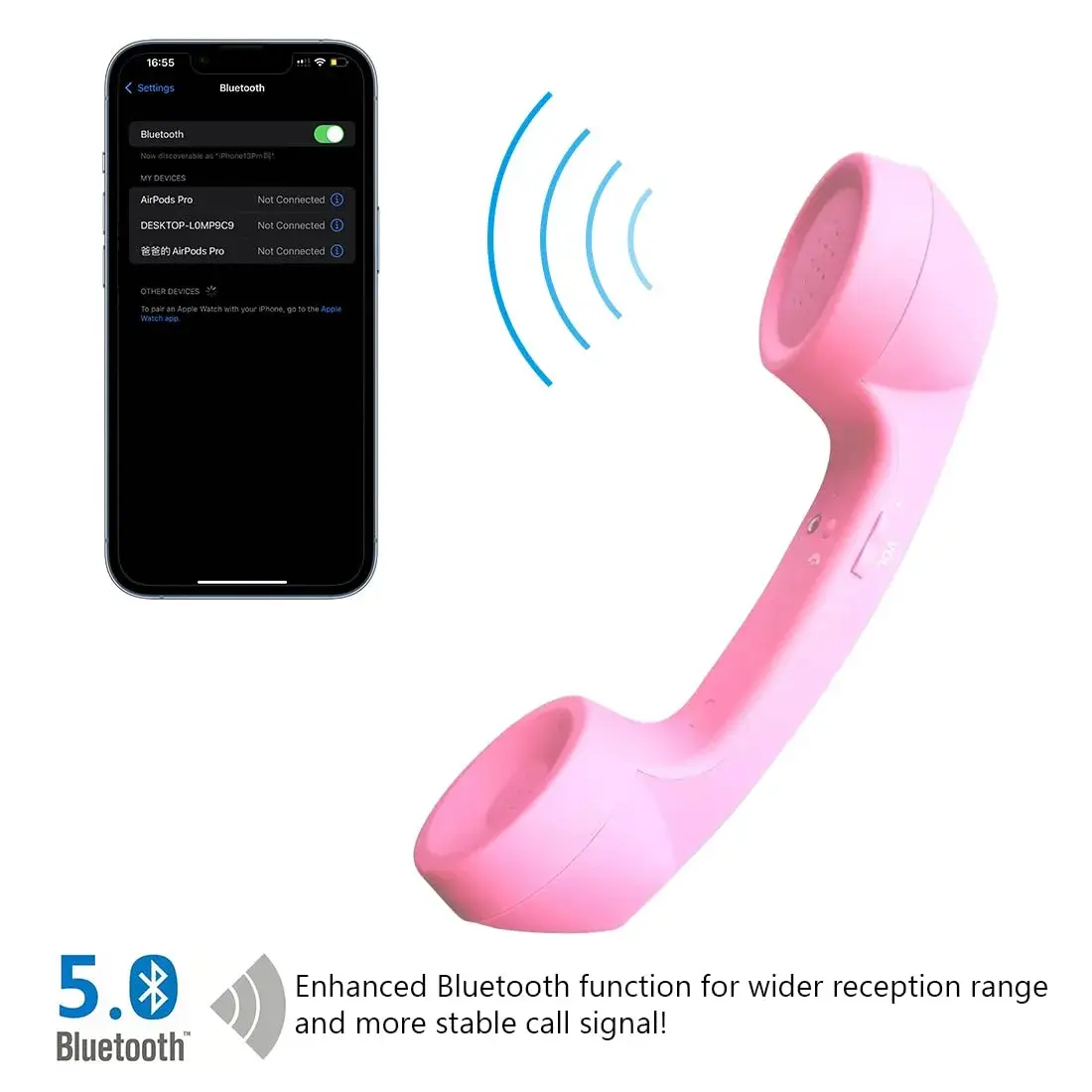 LIONSOUL Retro Phone Handset with Bluetooth 5.0 and USB Rechargeable, Pink | Wireless Bluetooth Handset for Mobile Phones and Computers - view 2