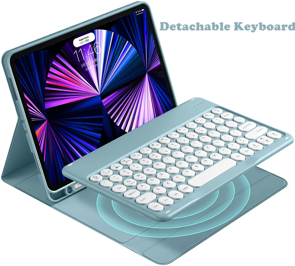 QIYIBOCASE Blue Retro Round Keys Keyboard Case for Galaxy Tab S6 Lite 10.4-inch | Detachable Magnetic Wireless Bluetooth Keyboard Cover with S Pen Holder - view 2