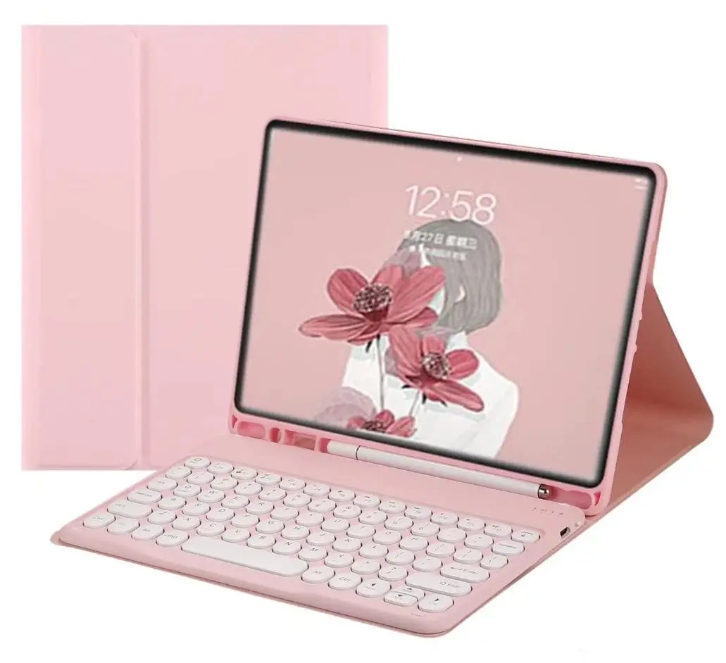 QIYIBOCASE Pink Retro Round Keys Keyboard Case for Galaxy Tab S6 Lite 10.4 inch (2020-2024 Models) with S Pen Holder - main product image