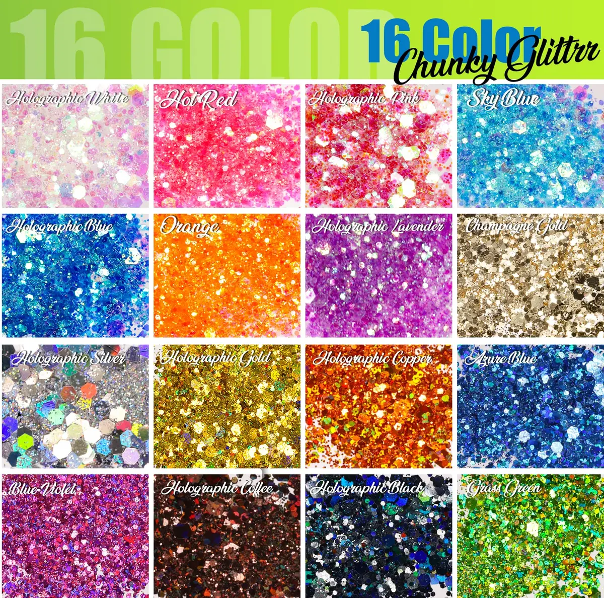 LEOBRO Glitter, 32 Colors Fine & Chunky Glitter for Crafts, Resin, Art, 16 jars each 8g | Sparkling & Safe - view 2
