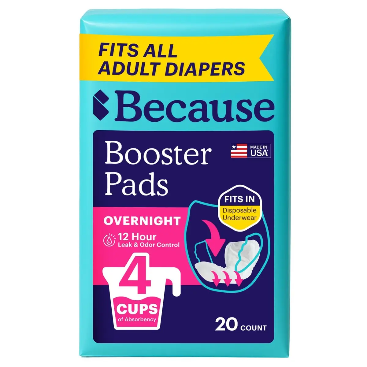 Because Overnight Incontinence Booster Pads for Men and Women | Extra 4 Cups Absorbency, Soft, Unisex, 20 Count - main product image
