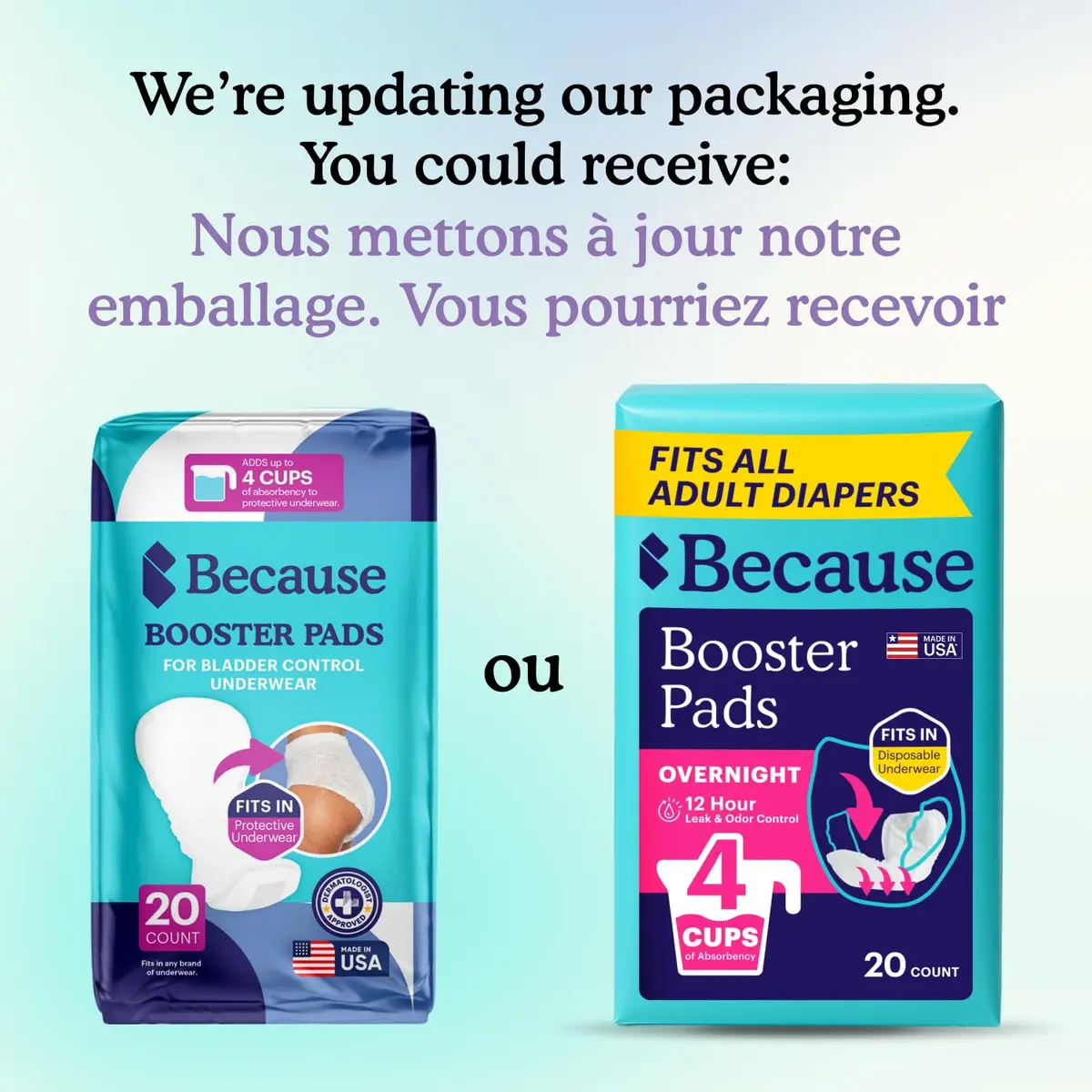 Because Overnight Incontinence Booster Pads for Men and Women | Extra 4 Cups Absorbency, Soft, Unisex, 20 Count - view 2
