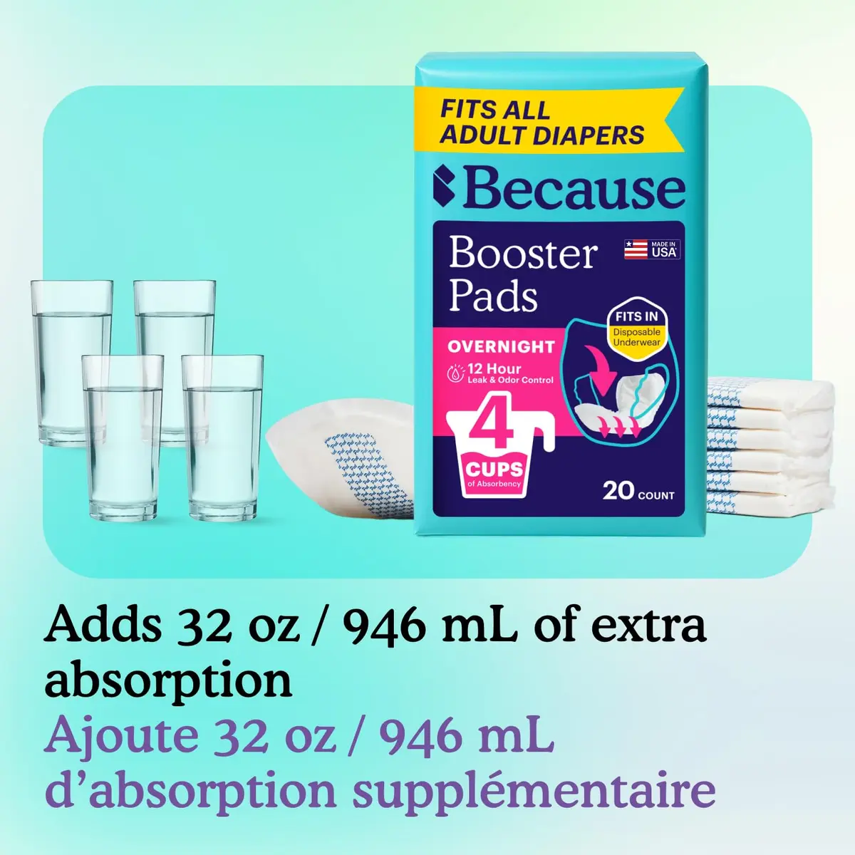 Because Overnight Incontinence Booster Pads for Men and Women | Extra 4 Cups Absorbency, Soft, Unisex, 20 Count - view 3