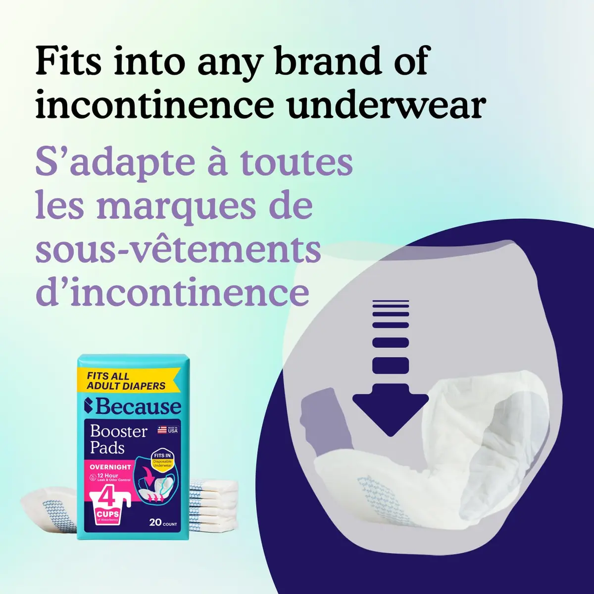 Because Overnight Incontinence Booster Pads for Men and Women | Extra 4 Cups Absorbency, Soft, Unisex, 20 Count - view 4