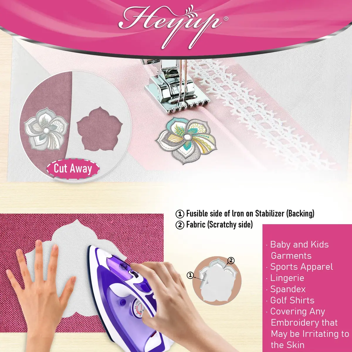 HEYUP Iron on Embroidery Stabilizer 8" x 9 Yd | Soft Touch Backing for Sensitive Skin - view 3