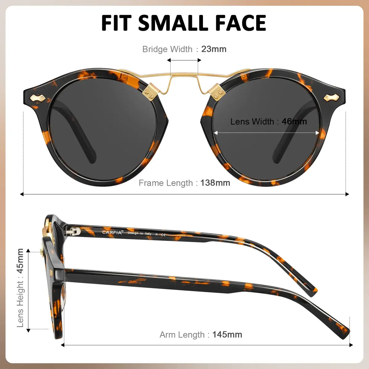 CARFIA Small Acetate Polarized Sunglasses for Women UV Protection, Retro Double Bridge Eyewear Metal Brow Round Sunnies - view 7
