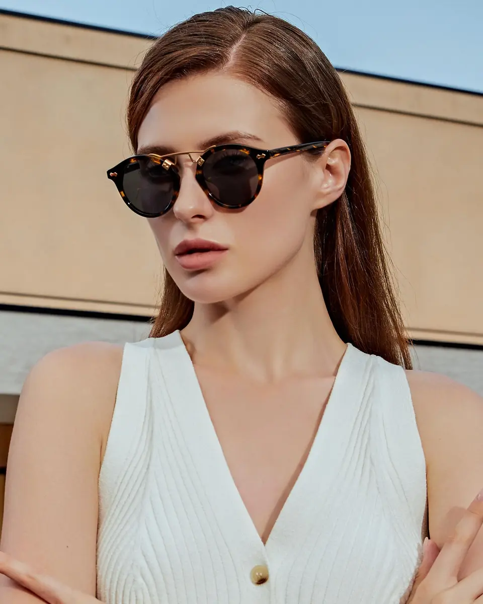 CARFIA Small Acetate Polarized Sunglasses for Women UV Protection, Retro Double Bridge Eyewear Metal Brow Round Sunnies - view 2