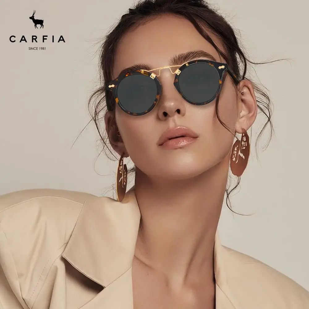 CARFIA Small Acetate Polarized Sunglasses for Women UV Protection, Retro Double Bridge Eyewear Metal Brow Round Sunnies - view 3