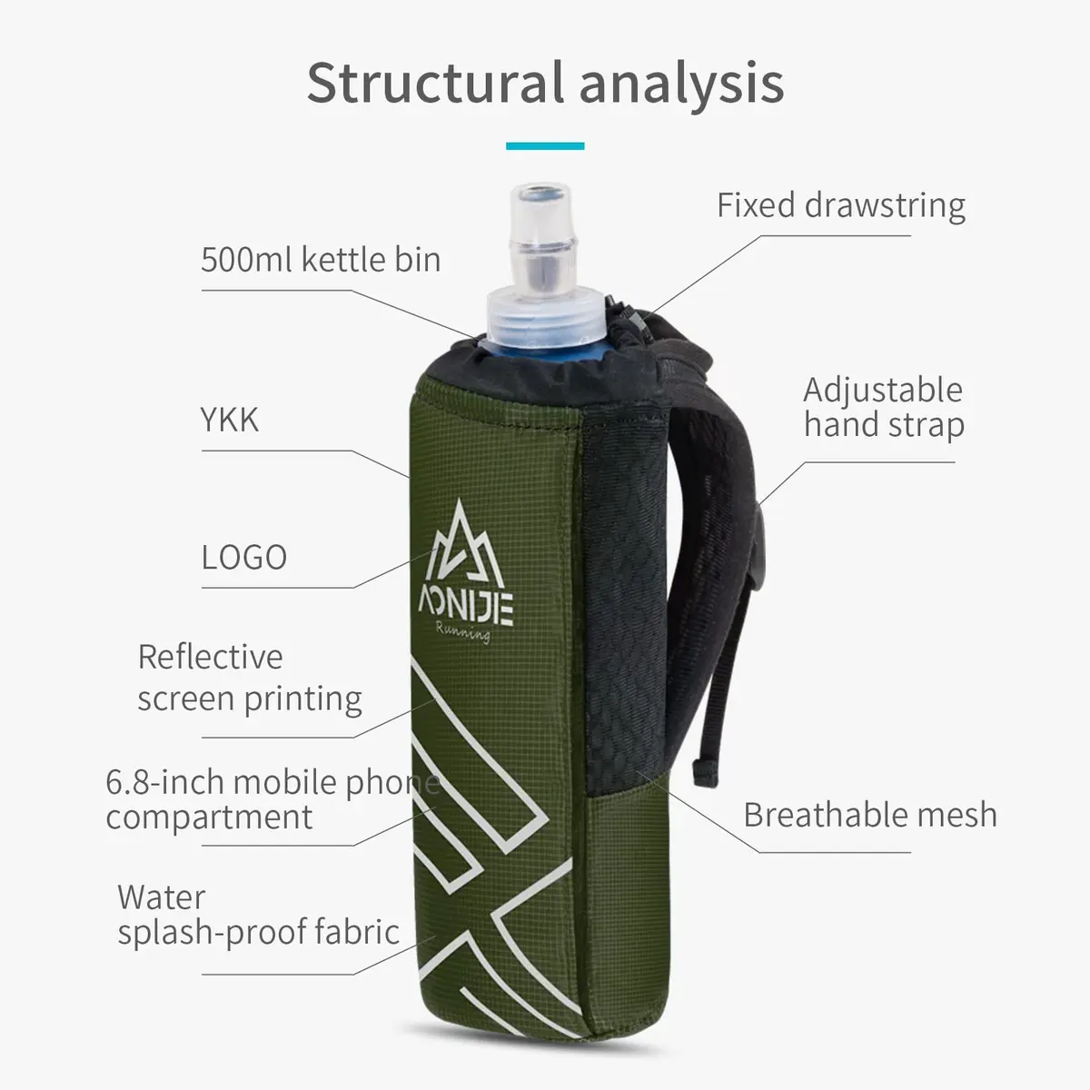 AONIJIE Handheld Hydration Pack with 500ml Soft Flask | Adjustable Strap, Reflective Trim, Multiple Pockets - view 2