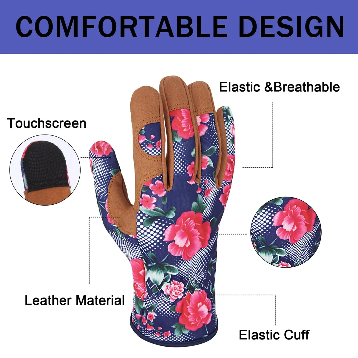 MERTURN Leather Gardening Gloves for Women Floral Pattern | Touch Screen & Heavy Duty (9 in) - view 2