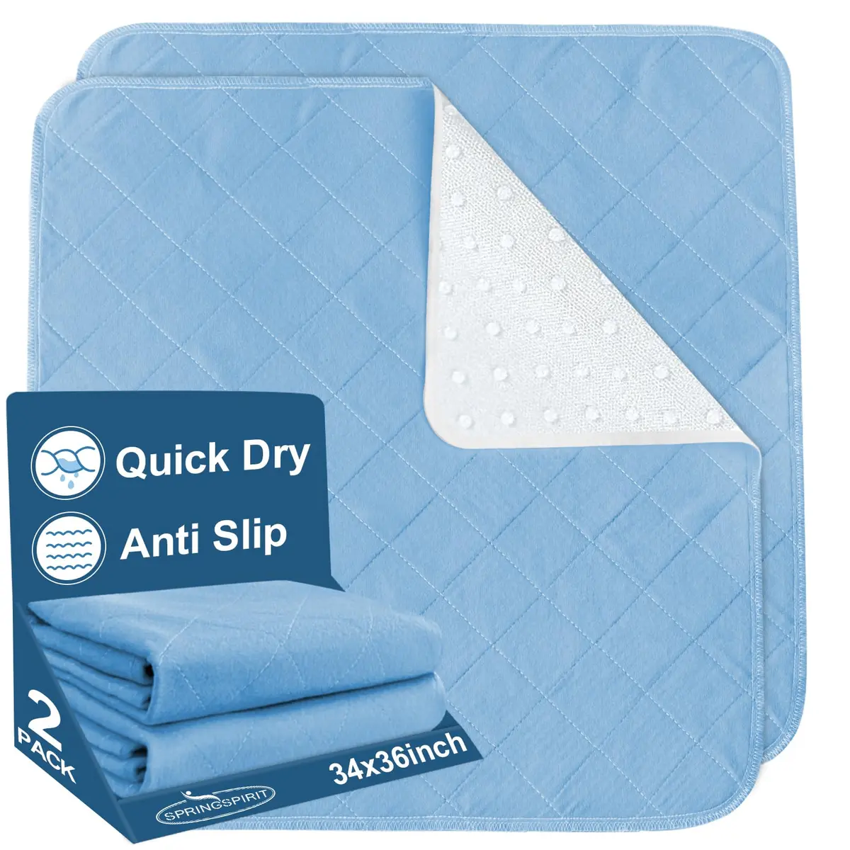 SPRINGSPIRIT Washable Waterproof Bed Pads 36'' x 34'' (2-Pack, Blue) | 4-Layer Protection for Incontinence - main product image