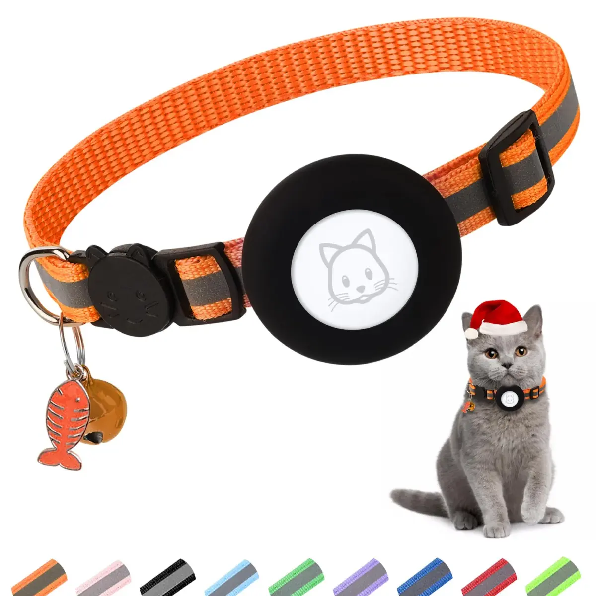 SimpleThings Orange Airtag Cat Collar with Bell & Safety Buckle | Reflective Nylon, Adjustable 22-35cm - main product image
