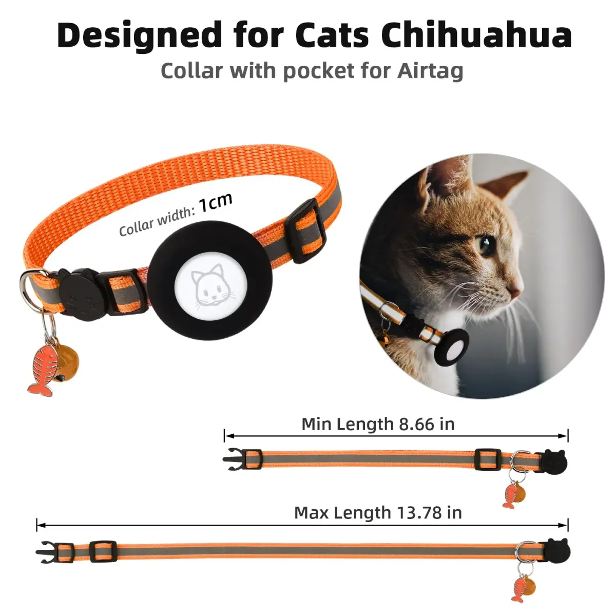 SimpleThings Orange Airtag Cat Collar with Bell & Safety Buckle | Reflective Nylon, Adjustable 22-35cm - view 7