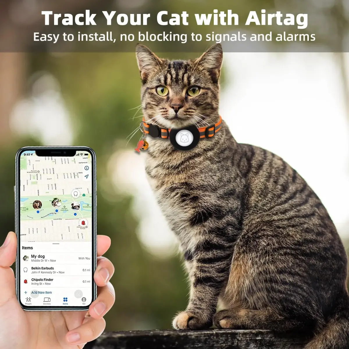SimpleThings Orange Airtag Cat Collar with Bell & Safety Buckle | Reflective Nylon, Adjustable 22-35cm - view 2