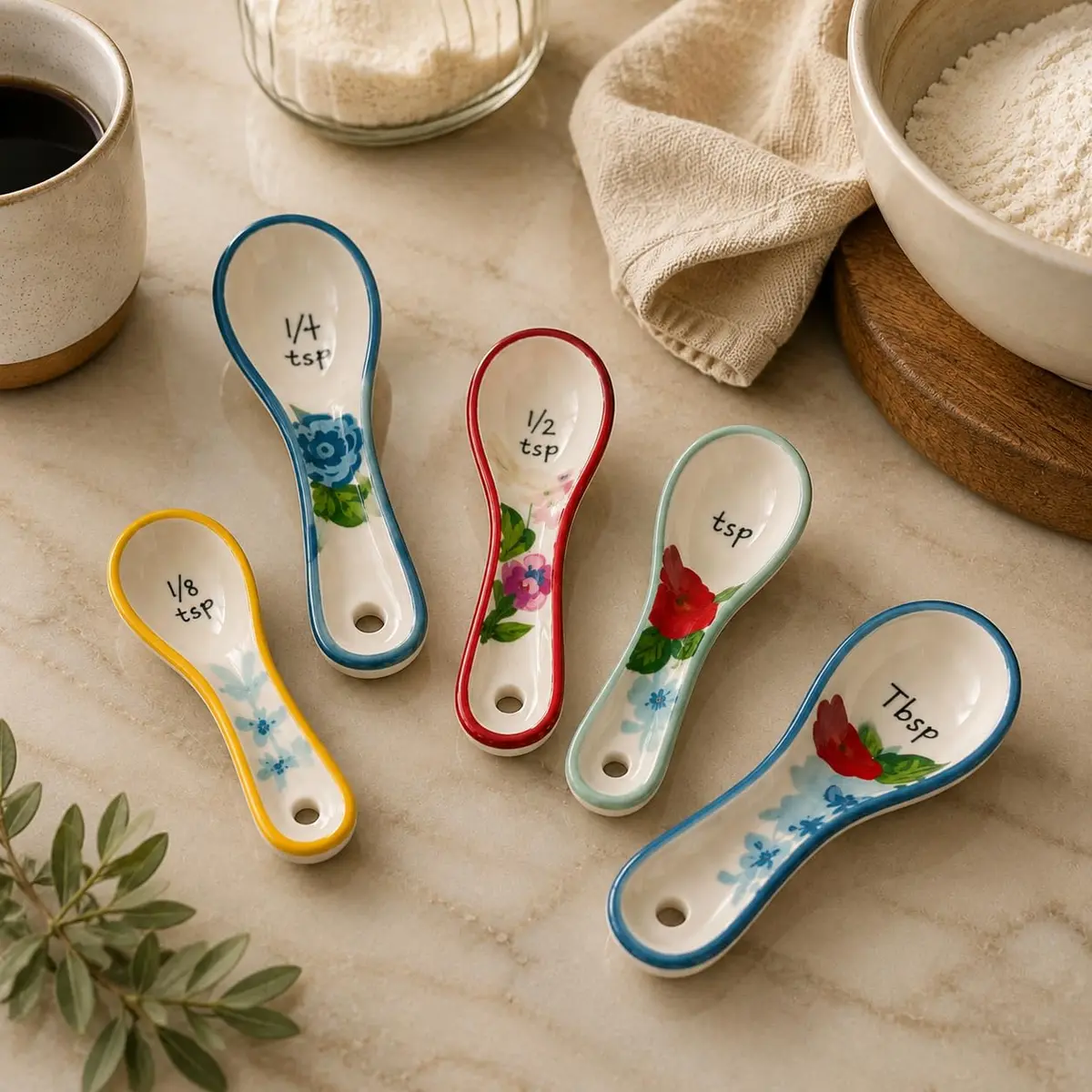 WAYUTO Ceramic Flower Measuring Spoons Set 5 Piece | Cute White Kitchen Spoon Set for Baking, Coffee and Cooking - main product image