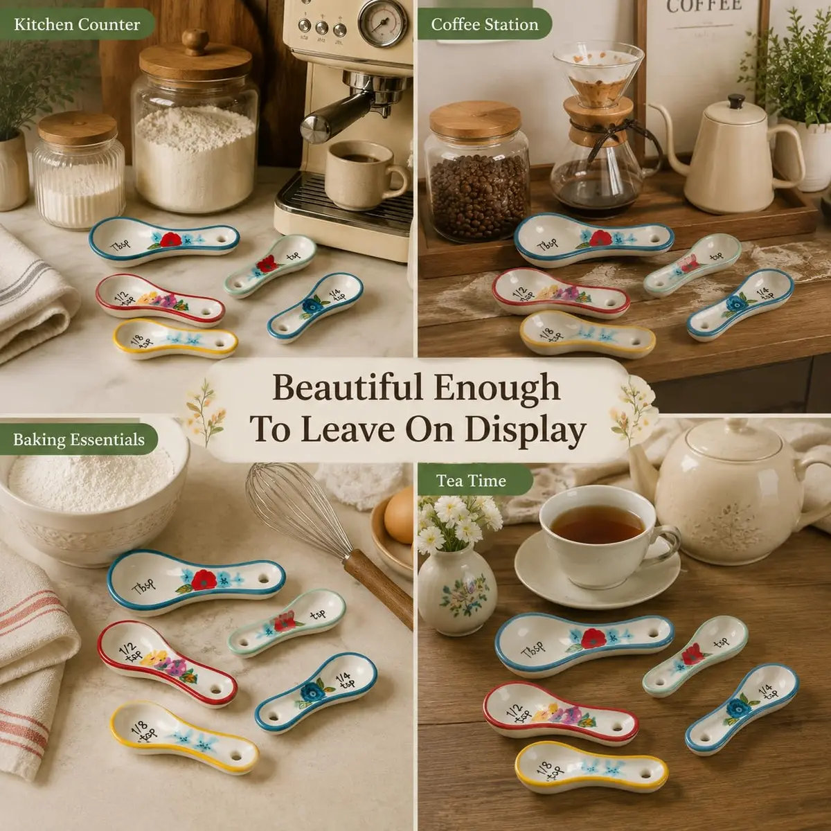 WAYUTO Ceramic Flower Measuring Spoons Set 5 Piece | Cute White Kitchen Spoon Set for Baking, Coffee and Cooking - view 6