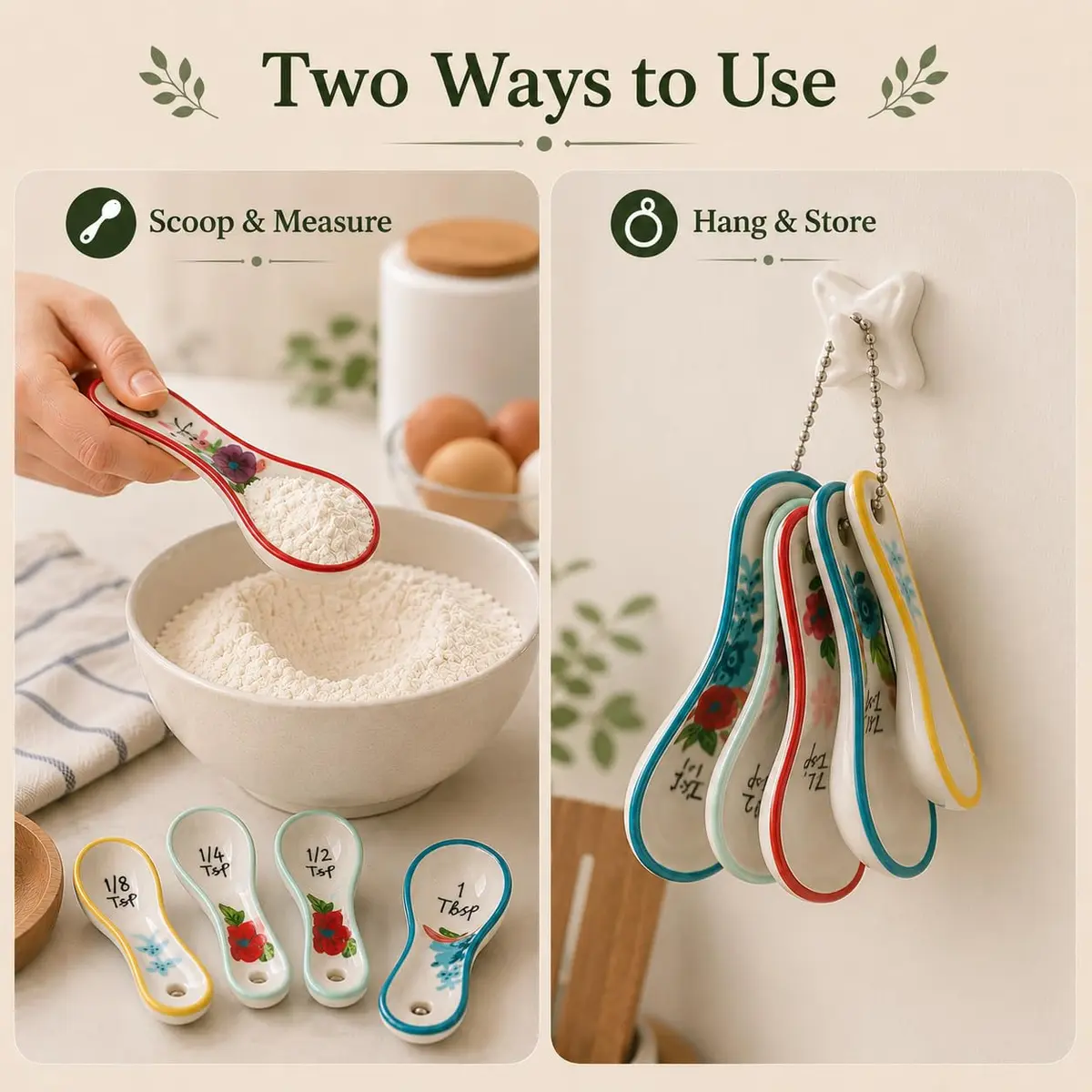 WAYUTO Ceramic Flower Measuring Spoons Set 5 Piece | Cute White Kitchen Spoon Set for Baking, Coffee and Cooking - view 7