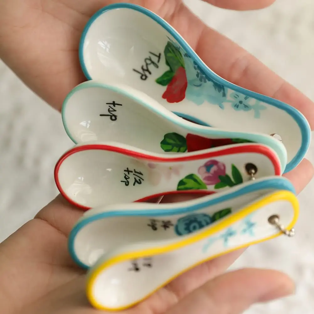 WAYUTO Ceramic Flower Measuring Spoons Set 5 Piece | Cute White Kitchen Spoon Set for Baking, Coffee and Cooking - view 8