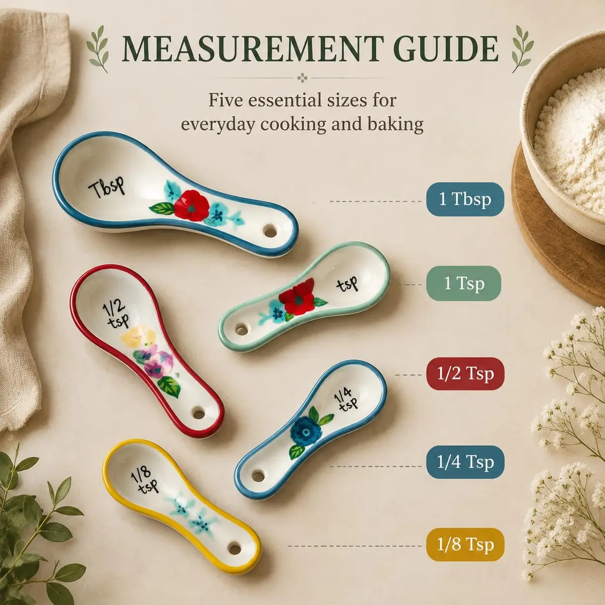 WAYUTO Ceramic Flower Measuring Spoons Set 5 Piece | Cute White Kitchen Spoon Set for Baking, Coffee and Cooking - view 2