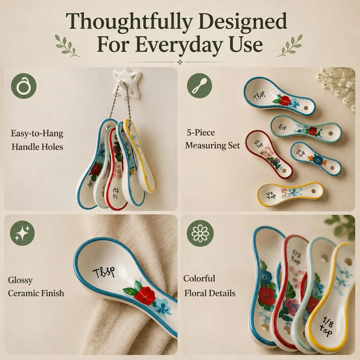WAYUTO Ceramic Flower Measuring Spoons Set 5 Piece | Cute White Kitchen Spoon Set for Baking, Coffee and Cooking - view 3