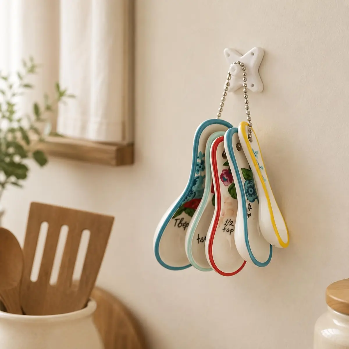 WAYUTO Ceramic Flower Measuring Spoons Set 5 Piece | Cute White Kitchen Spoon Set for Baking, Coffee and Cooking - view 4