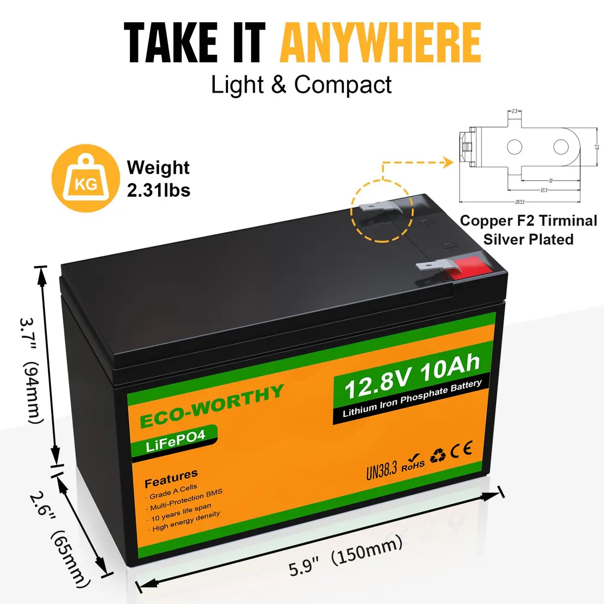 ECO-WORTHY 12V 10Ah Lithium LiFePO4 Deep Cycle Battery | Lightweight, Long-Lasting, BMS Protected - view 3
