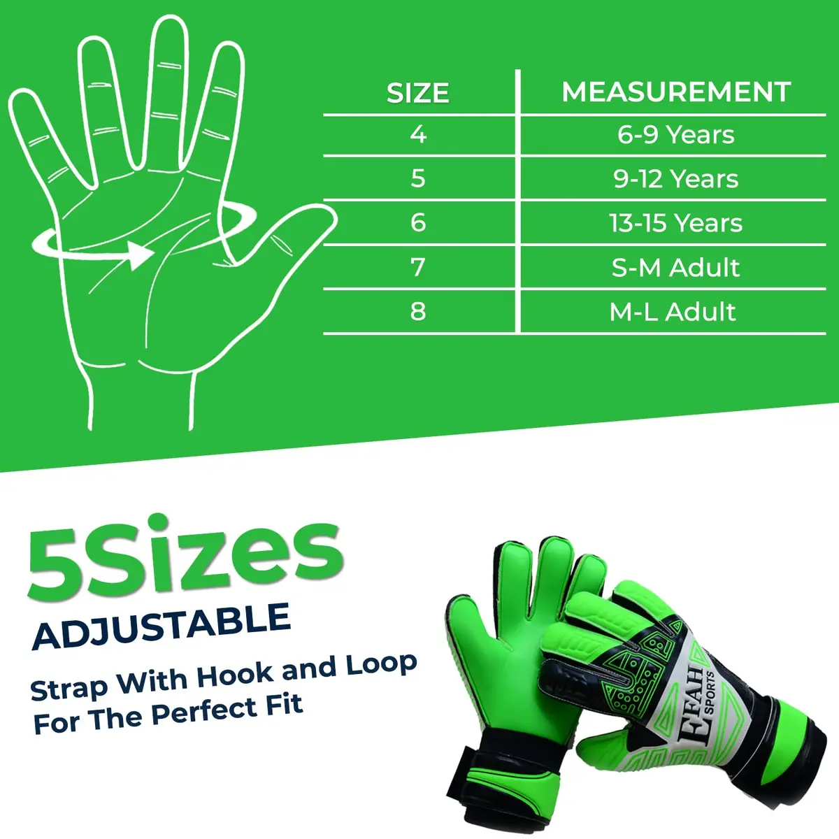 EFAH SPORTS Goalkeeper Gloves Green Size 8 (231g) | Fingersave & Double Wrist Protection for Youth Soccer - view 5