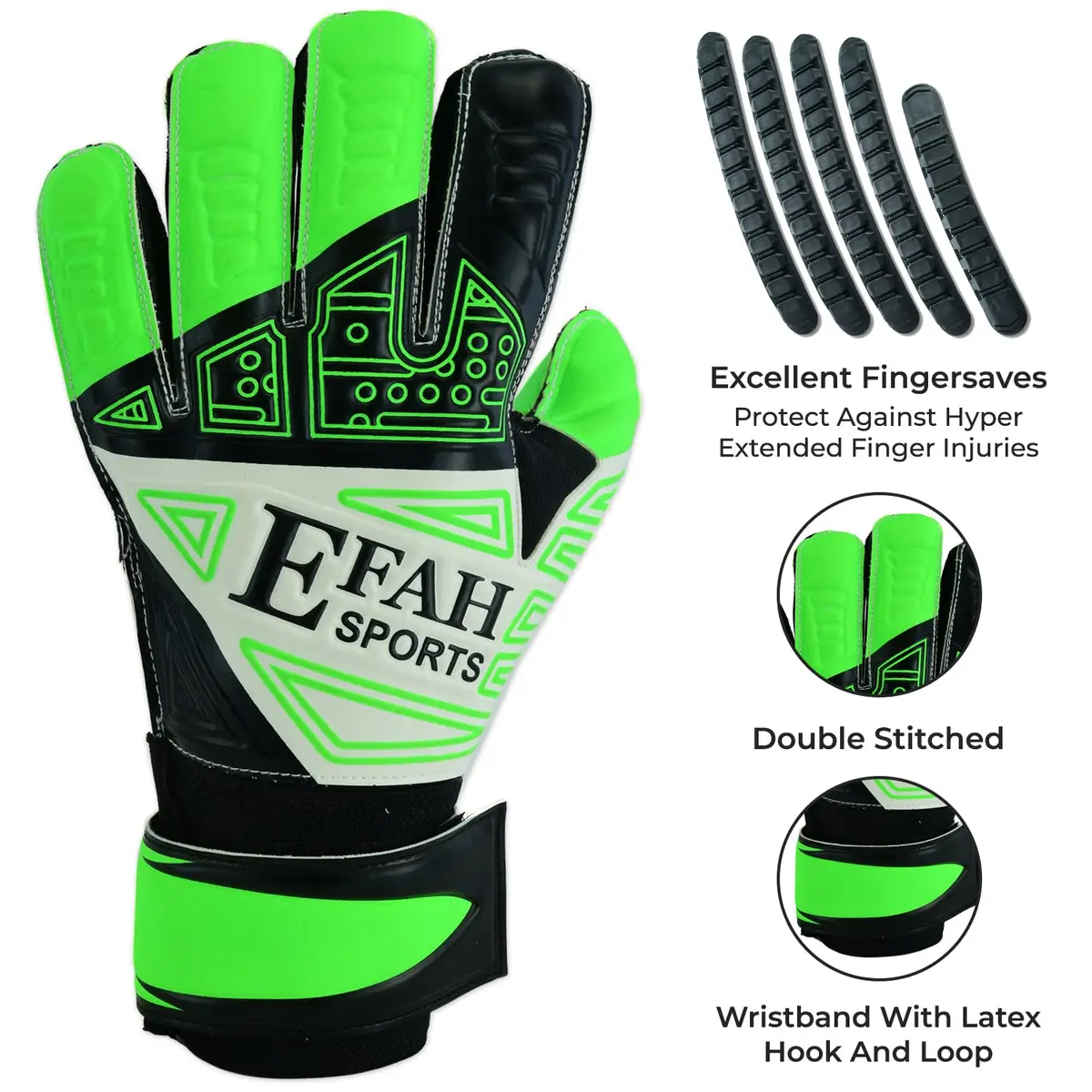 EFAH SPORTS Goalkeeper Gloves Green Size 8 (231g) | Fingersave & Double Wrist Protection for Youth Soccer - view 2
