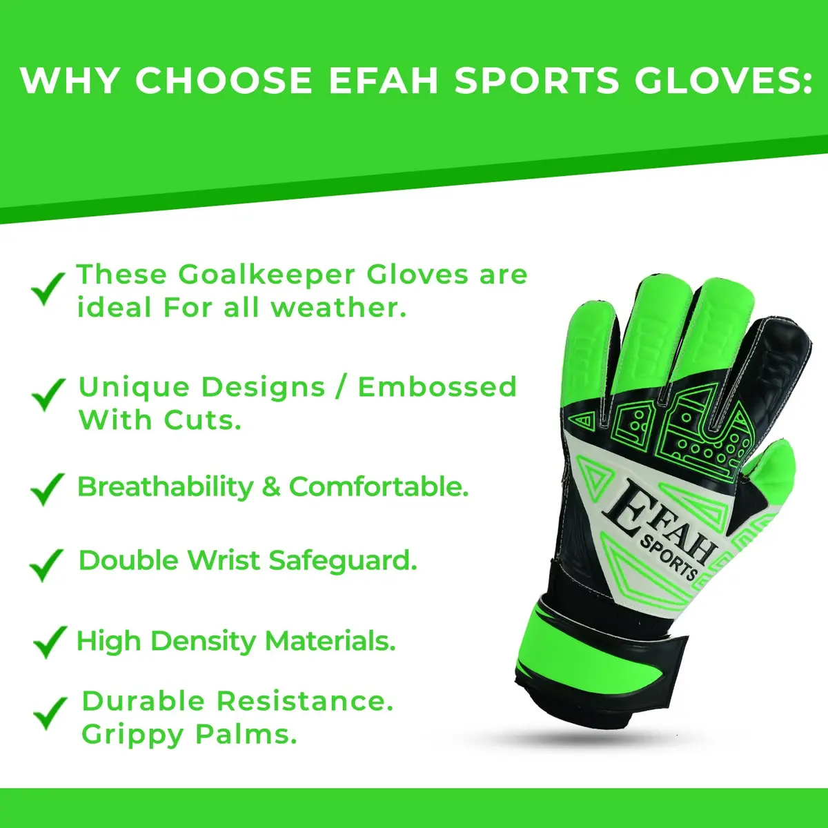 EFAH SPORTS Goalkeeper Gloves Green Size 8 (231g) | Fingersave & Double Wrist Protection for Youth Soccer - view 4