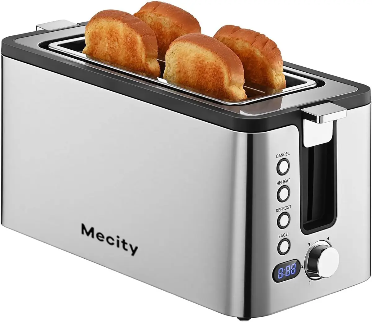 Mecity 4 Slice Toaster, Long Slot With Timer, Wide Slots, Stainless Steel, 1300W - main product image