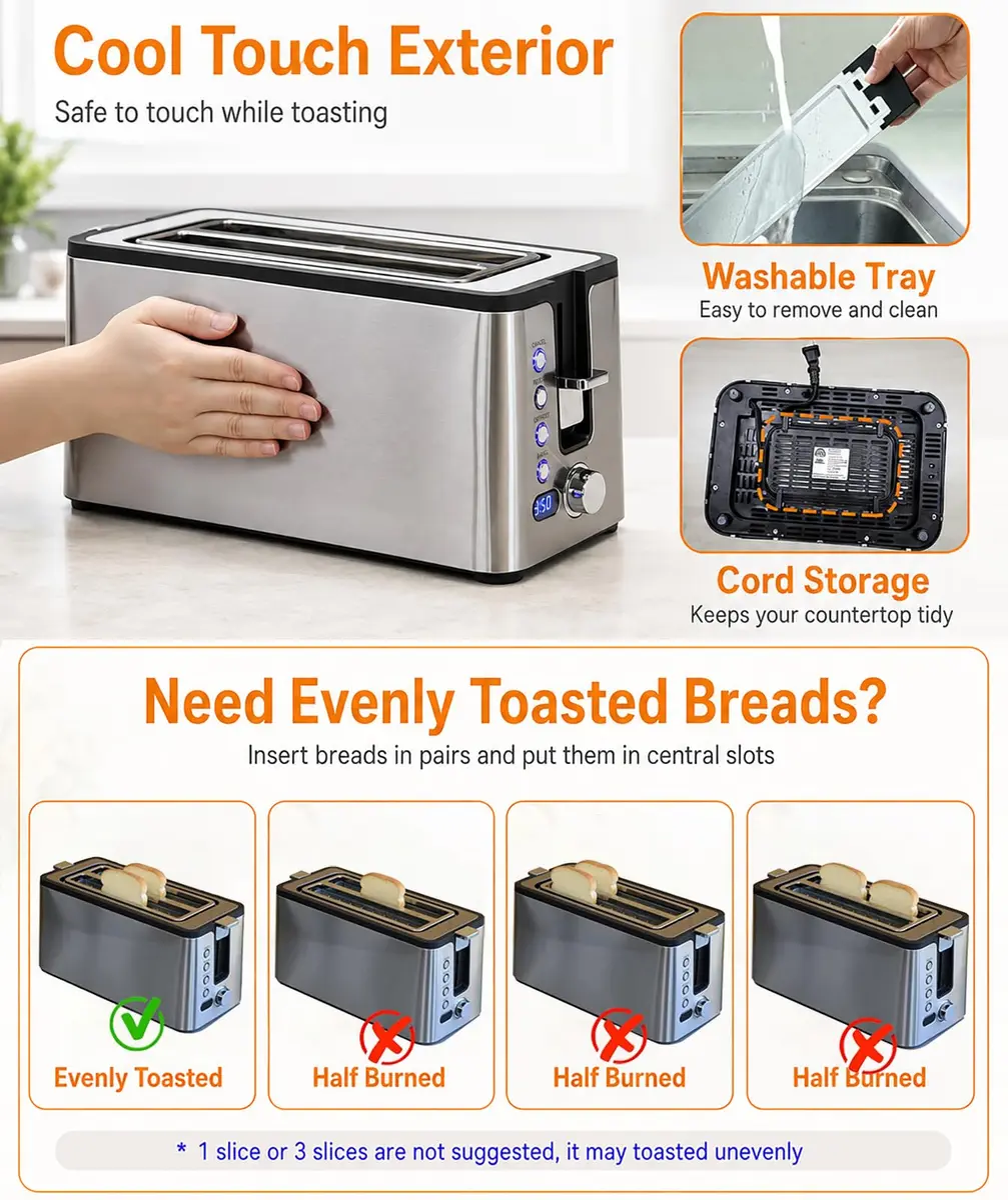 Mecity 4 Slice Toaster, Long Slot With Timer, Wide Slots, Stainless Steel, 1300W - view 5