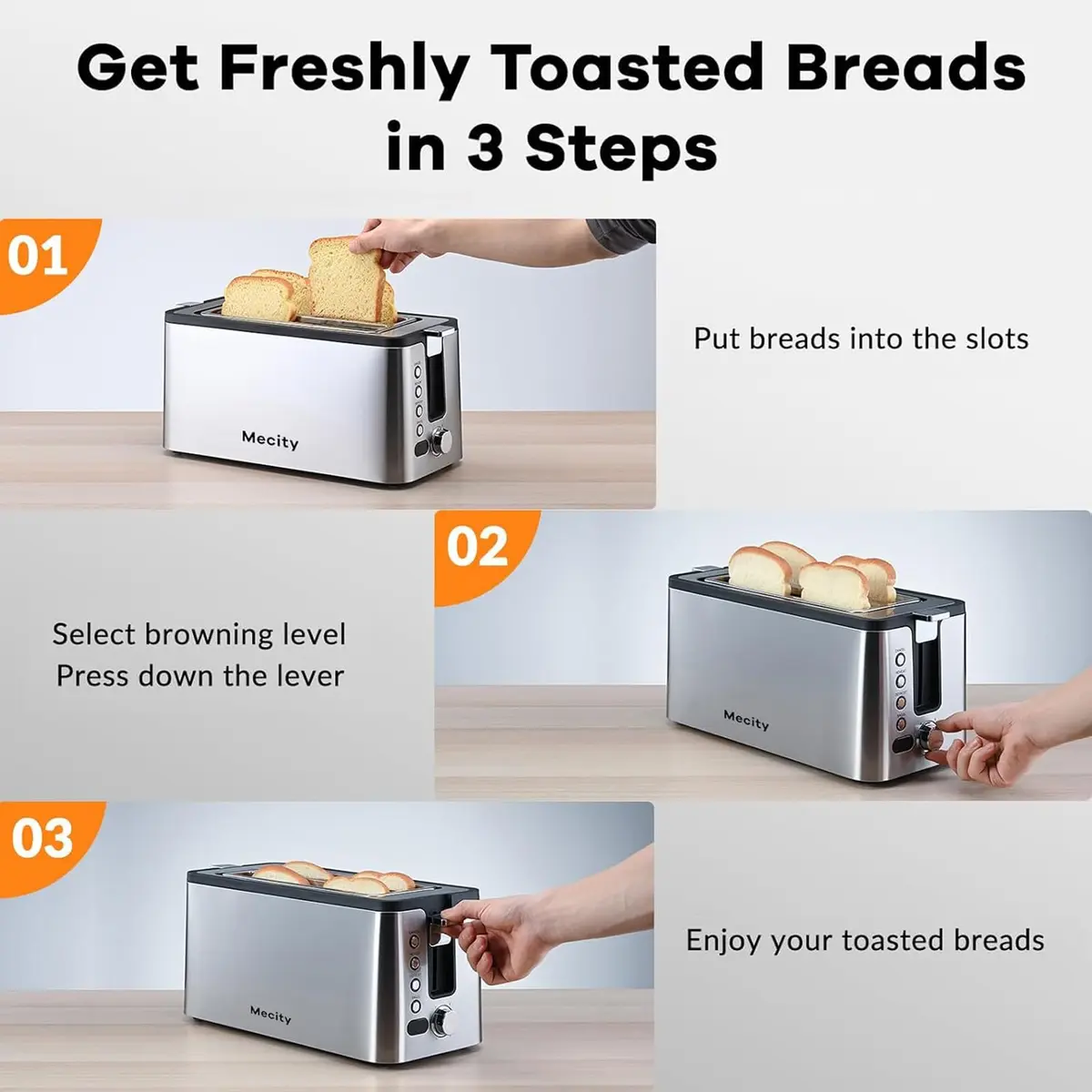 Mecity 4 Slice Toaster, Long Slot With Timer, Wide Slots, Stainless Steel, 1300W - view 6