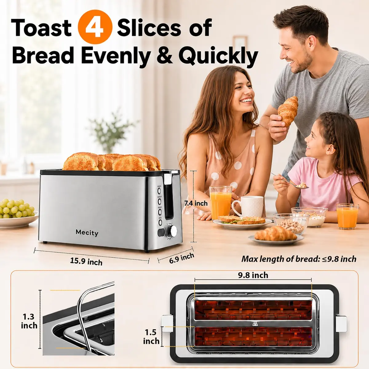Mecity 4 Slice Toaster, Long Slot With Timer, Wide Slots, Stainless Steel, 1300W - view 2
