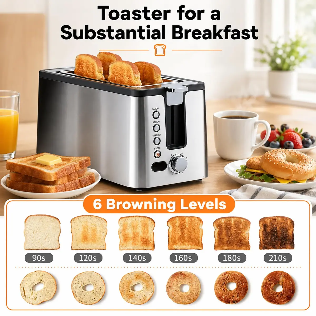 Mecity 4 Slice Toaster, Long Slot With Timer, Wide Slots, Stainless Steel, 1300W - view 3