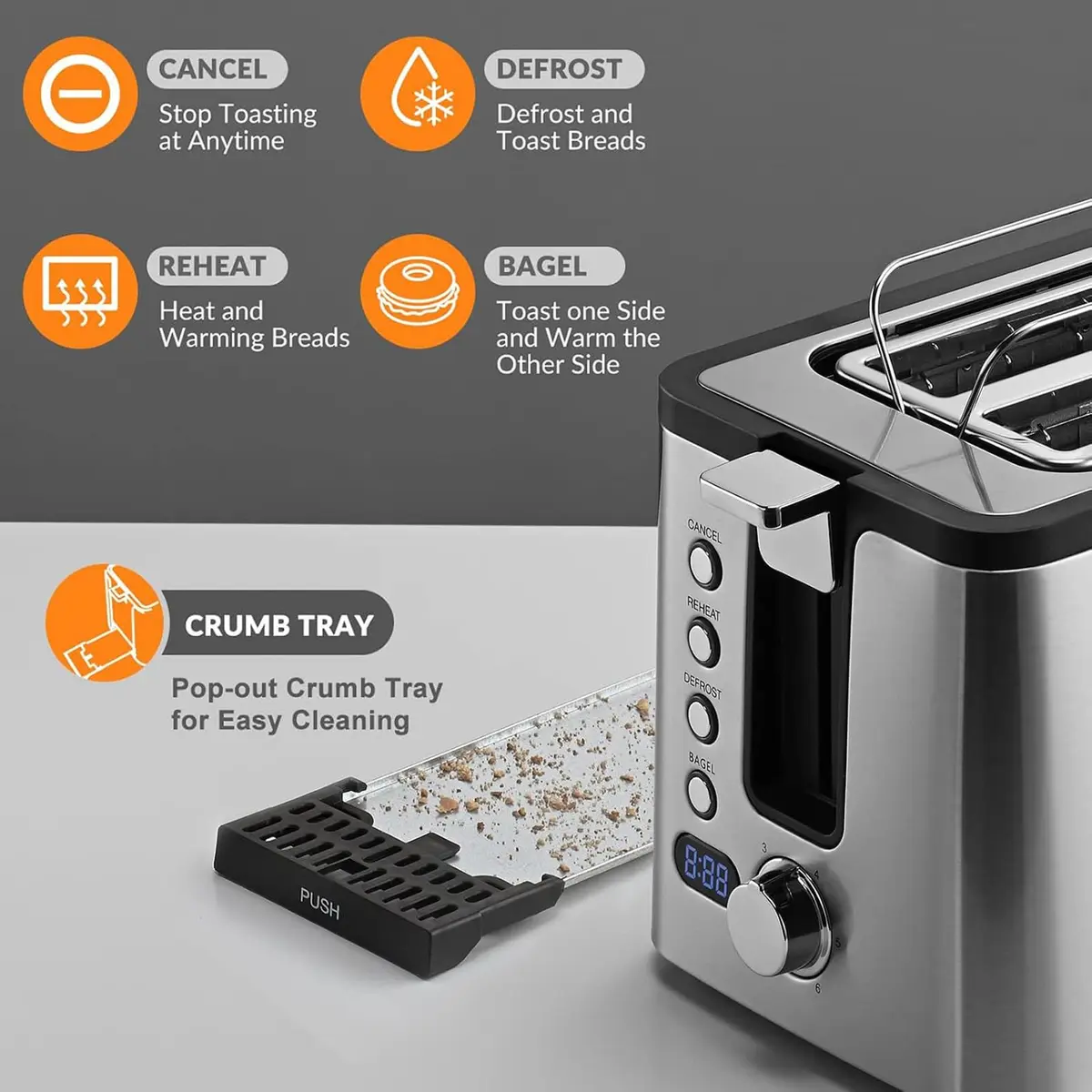 Mecity 4 Slice Toaster, Long Slot With Timer, Wide Slots, Stainless Steel, 1300W - view 4